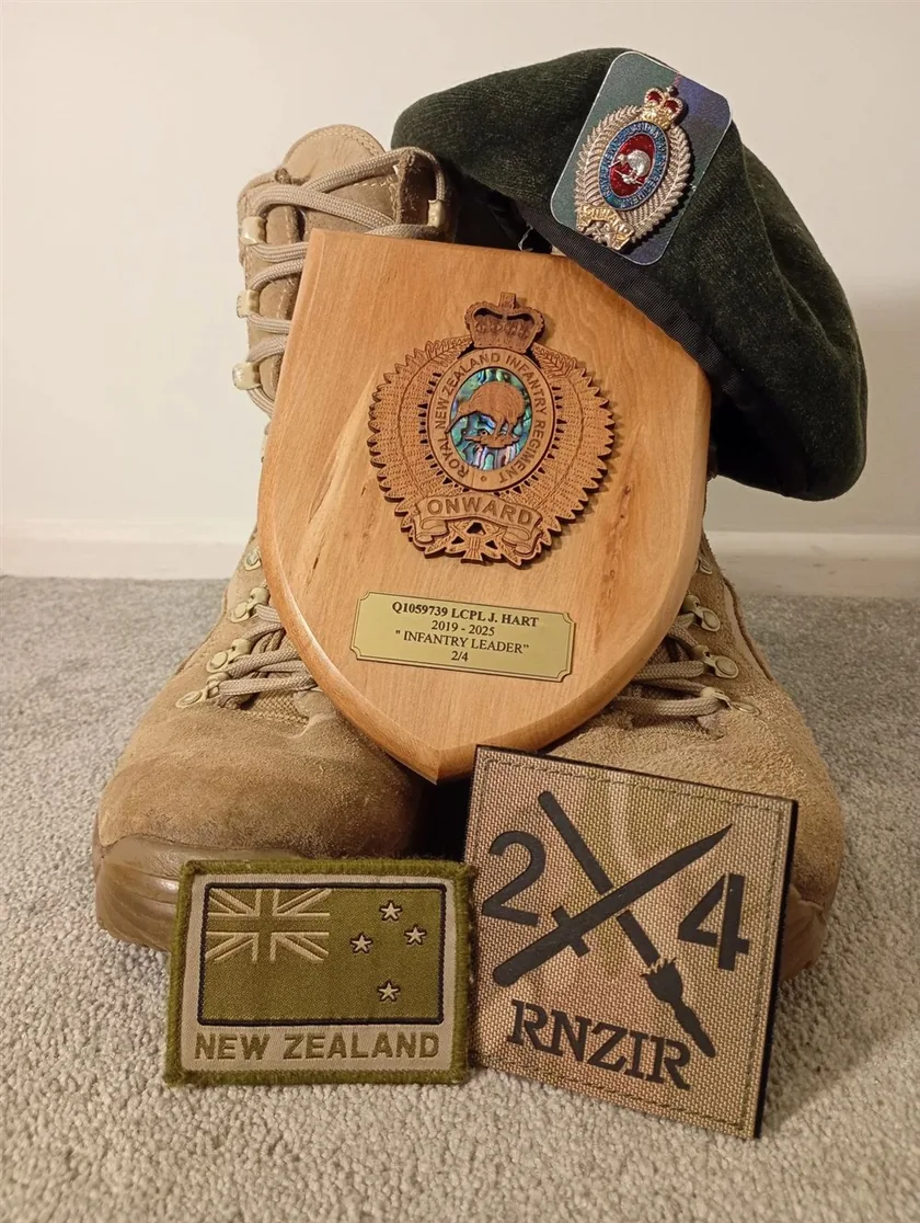 RNZIR farewell plaque — Q1059739 LCPL J. Hart, 2019–2025, Infantry Leader, 2/4 — with beret, boots, and 2/4 RNZIR patches